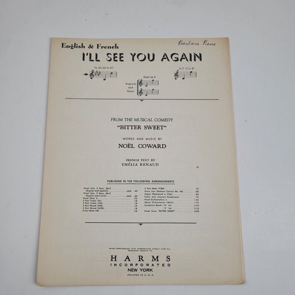 I`LL SEE YOU AGAIN (ENGLISH AND FRENCH TEXT) FROM MUSICAL "BITTER SWEET"1944